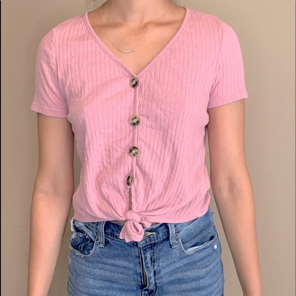 Pink tie crop tee with buttons